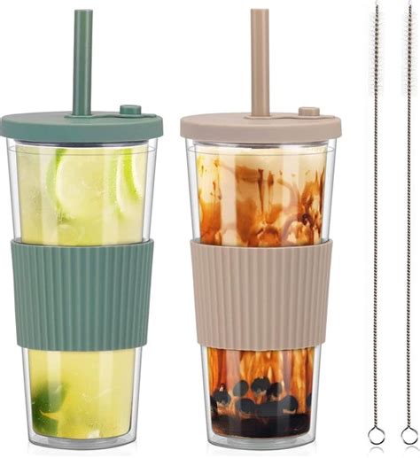 2 Stks Bubble Tea Cup Drinkbekers Met Deksel En Rietje Boba Cup