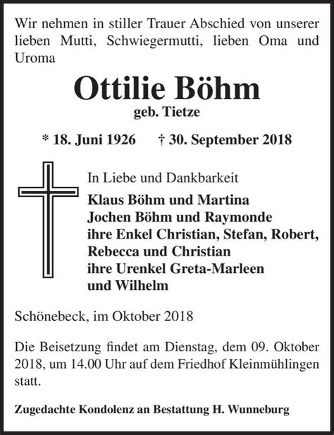 Traueranzeigen von Ottilie Böhm geb Tietze abschied nehmen de