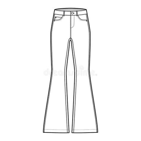 Jeans Flared Bottom Denim Pants Technical Fashion Illustration With Full Length Normal Waist