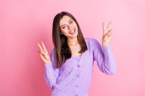 Portrait Of Optimistic Girl Show V Sign Wear Lilac Sweater Isolated On