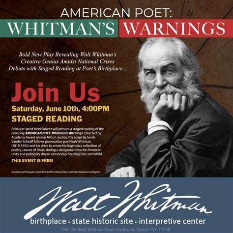 Staged Reading American Poet Whitmans Warnings Walt Whitman