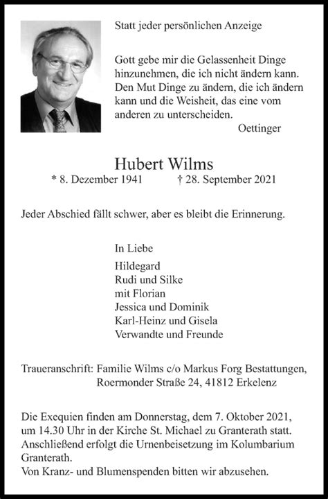 Traueranzeigen Von Hubert Wilms Aachen Gedenkt