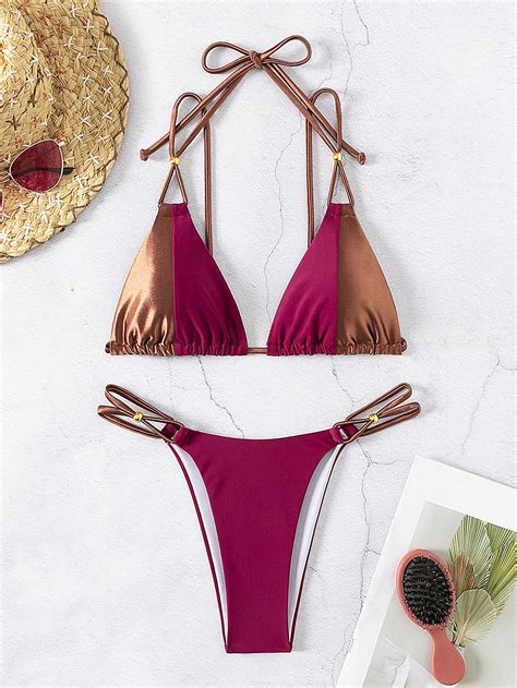 Women S Colorblock V Neck Halter Strap Bikini Swimsuit Set SHEIN USA