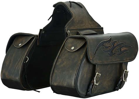 Distressed Brown Leather Motorcycl Saddlebags with Flames