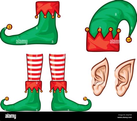 Christmas Elf Hat Shoes Legs And Ears Vector Illustration Stock