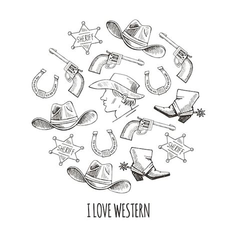 Premium Vector Western Hand Draw Sketch Vector Set Western Background
