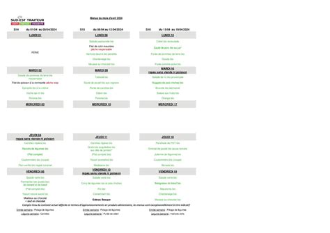 Menus du mois davril 2024 Village de Verquières