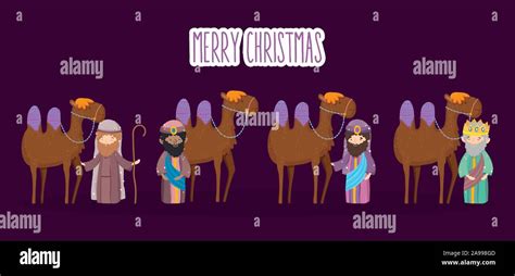 Joseph Three Wise With Camels Manger Nativity Merry Christmas Vector Illustration Stock Vector