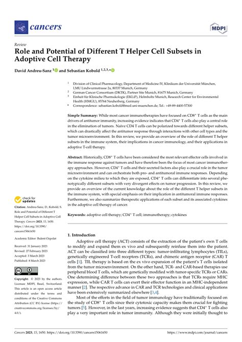 Pdf Role And Potential Of Different T Helper Cell Subsets In Adoptive Cell Therapy