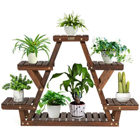 Gymax Wood Plant Stand Triangular Shelf 6 Pots Flower Shelf Storage ...