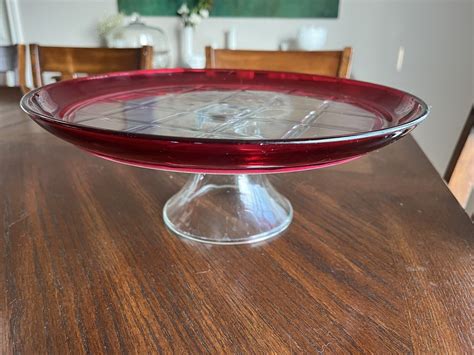 Vintage Cranberry Ruby Flash Red Glass Lattice Geometric Pedestal Cake Stand 12” Ebay