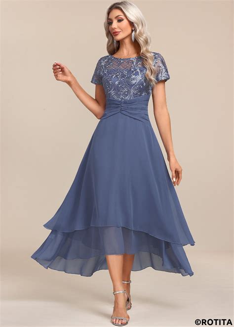 ROTITA Lace Dusty Blue Round Neck Short Sleeve Maxi Dress Rotita