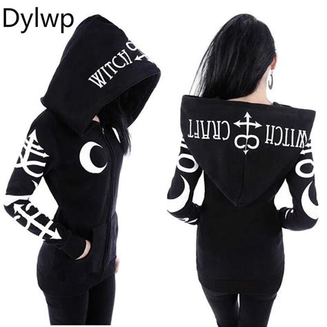 Gothic Punk Hoodies Women Casual Harajuku Black Hoodie Witch Moon Print