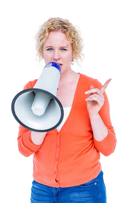 Pretty Blonde Speaking Into Megaphone On White Background
