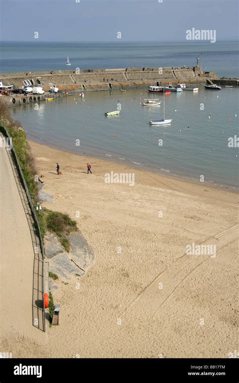 Town of New Quay, Wales. Elevated view of New Quay beach, with leisure and fishing vessels ...