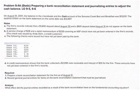 Solved Problem 9 4A Static Preparing A Bank Reconciliation Chegg