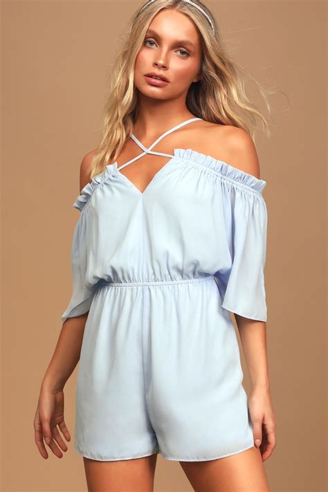 Cute Light Blue Romper Off The Shoulder Romper Ruffled Romper Lulus