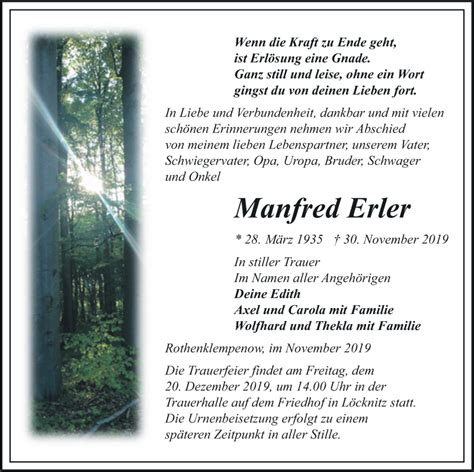 Traueranzeigen Von Manfred Erler Trauer Nordkurier