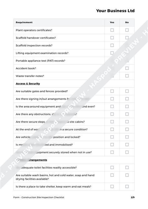 Construction Site Inspection Checklist Form Template Haspod