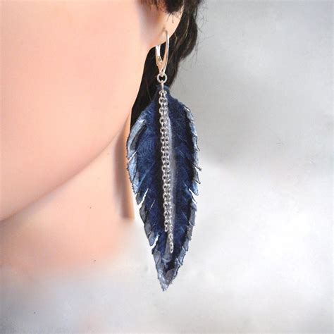 Denim Blue Leather Feather Earrings Dangle Earrings Hinged