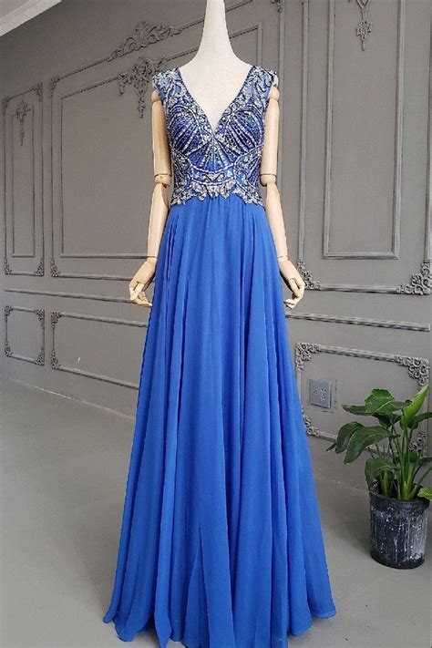 Flowing A Line Long Royal Blue Chiffon Beaded Prom Party Dress V Neck Open Back Prom Party