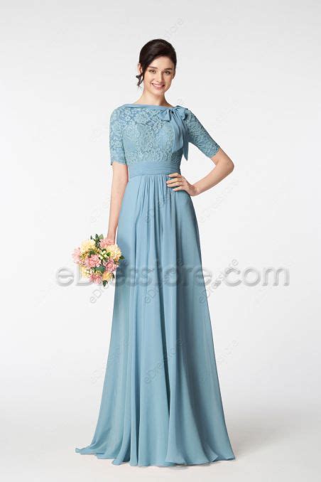 Modest Lds Steel Blue Bridesmaid Dress With Sleeves Edresstore