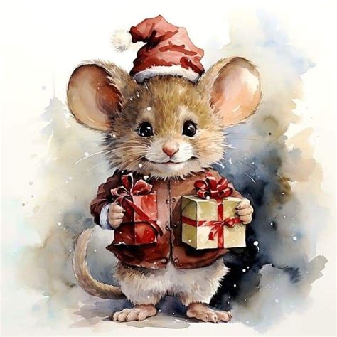 A Watercolor Painting Of A Mouse Holding A Gift Box And Wearing A Santa Hat