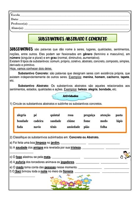 Atividades De Substantivos Concretos E Abstratos 6 Ano