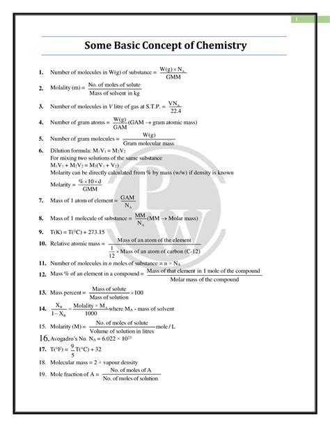 Physical Chemistry Formula Sheet Some Basic Concept Of Chemistry GMM