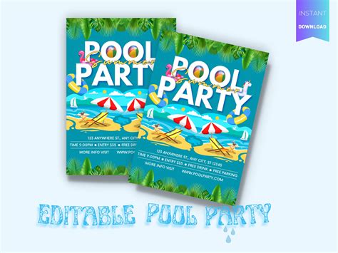 Editable Summer Pool Party Invitation Summer Color Pool Party