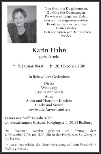 Traueranzeigen Von Karin Hahn Wirtrauern