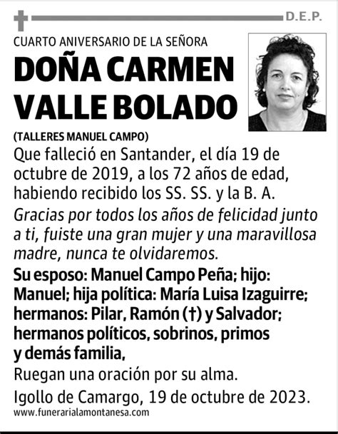 Do A Carmen Valle Bolado Esquela Necrol Gica El Diario Monta S