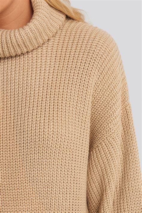 Oversized High Neck Long Knitted Sweater Beige Na