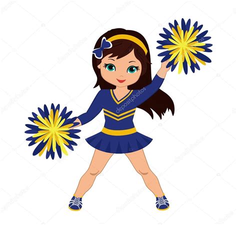 Cheerleader in blue and yellow uniform with Pom Poms. Vector illustration isolated on white ...