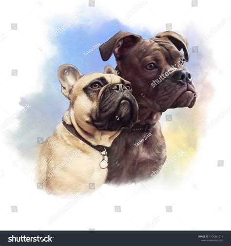 Cute French Bulldogs Realistic Drawing Two Stock Illustration ...