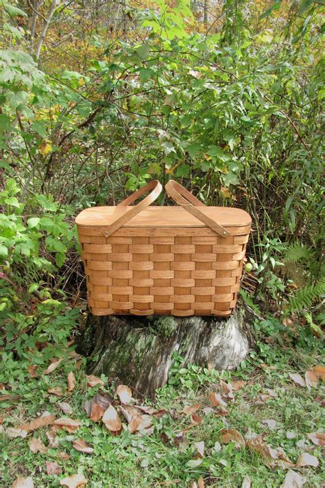 Vintage Basketville Wooden Woven Picnic Basket With Hinged Lid Putney