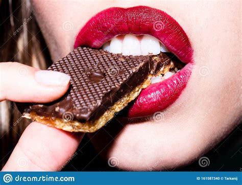 Tasty Snack Woman Bites A Waffle In Chocolate Female Lips With Red