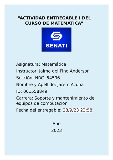 Entregable 1 De Matematica ACTIVIDAD ENTREGABLE I DEL CURSO DE