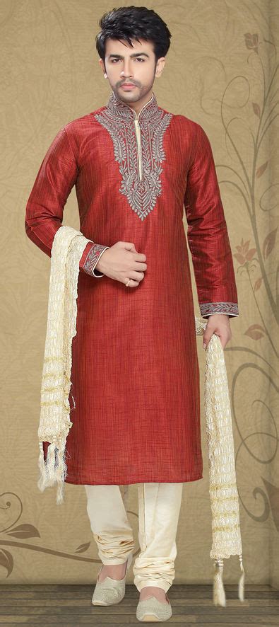 Red And Maroon Color Art Silk Fabric Kurta Pyjamas