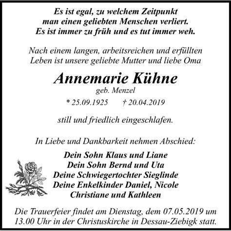 Traueranzeigen Von Annemarie K Hne Abschied Nehmen De