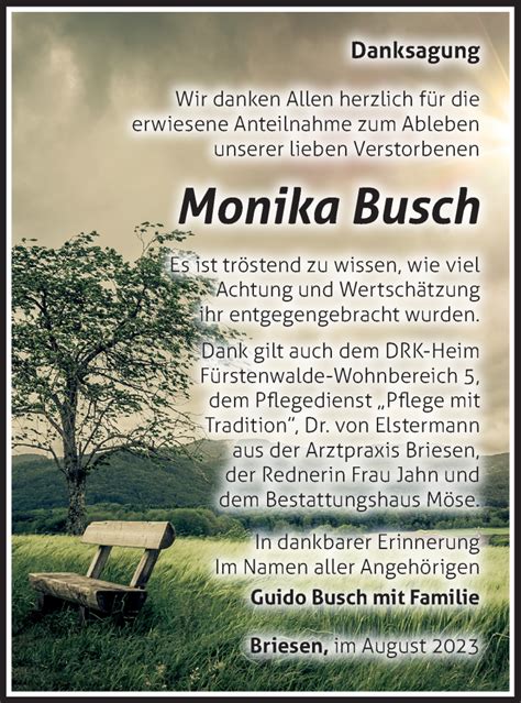 Traueranzeigen Von Monika Busch M Rkische Onlinezeitung Trauerportal