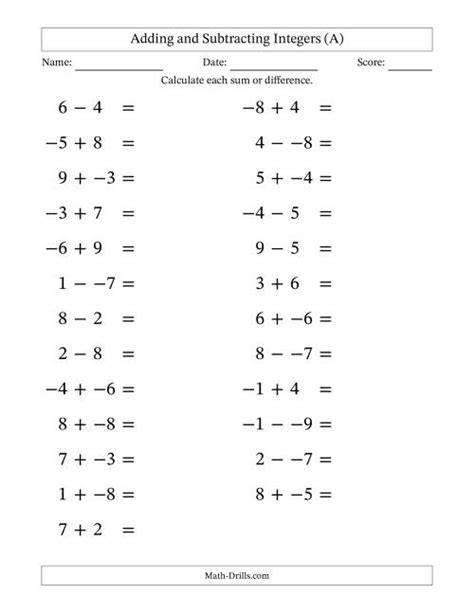 Adding And Subtracting Mixed Integers From 9 To 9 25 Questions Large