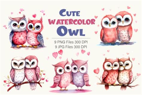 Cute Owls For Valentines Day Watercolor Graphic By Keno Shop