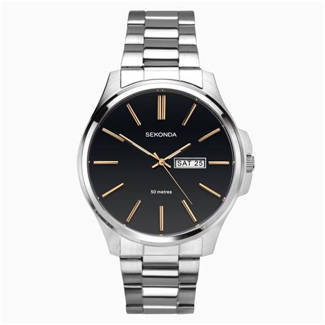 Sekonda Mens Classic Watch 1097 Round 41mm Silver Stainless Steel Bracelet Black Dial