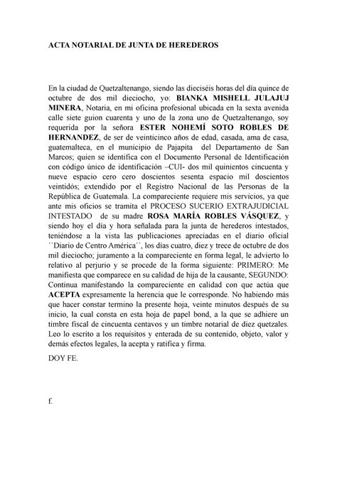 Acta Notarial De Junta De Herederos Derecho Civil Iii Umg Studocu