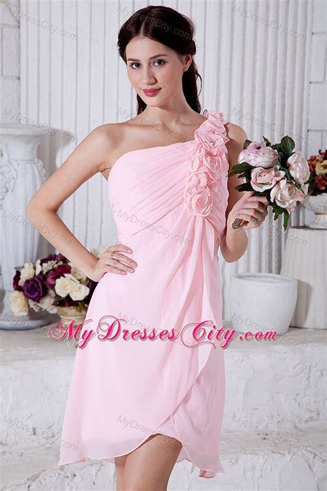 Flowers One Shoulder Pink Dama Dress With Front Short Back Long