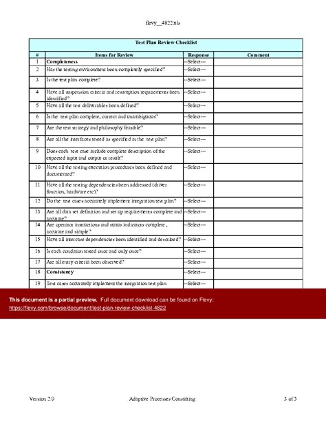 Test Plan Review Checklist Excel Workbook Xls Flevy