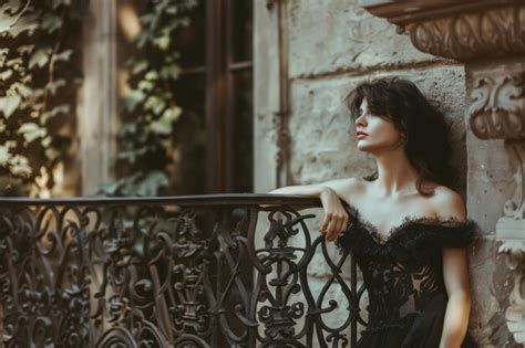 Premium Photo Woman In Black Dress Leaning On Balcony