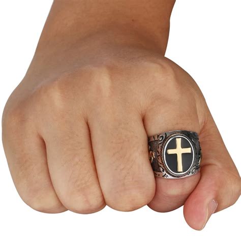 Vintage Stainless Steel Christian Holy Cross Prayer Ring For Men Silver