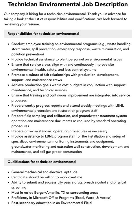 Technician Environmental Job Description Velvet Jobs